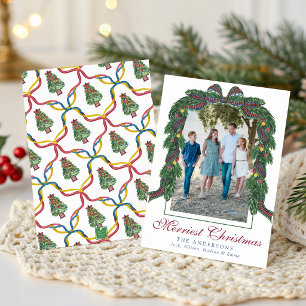 Watercolor Christmas Plaid Bow Garland Swag Photo Holiday Card