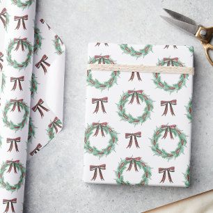 Watercolor Christmas Plaid Bow Garland Wrapping Paper