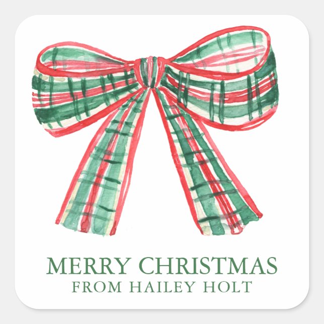 Watercolor Christmas Plaid Bow Gift Square Sticker (Front)
