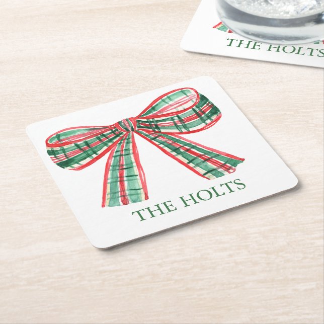 Watercolor Christmas Plaid Bow Square Paper Coaster (Angled)