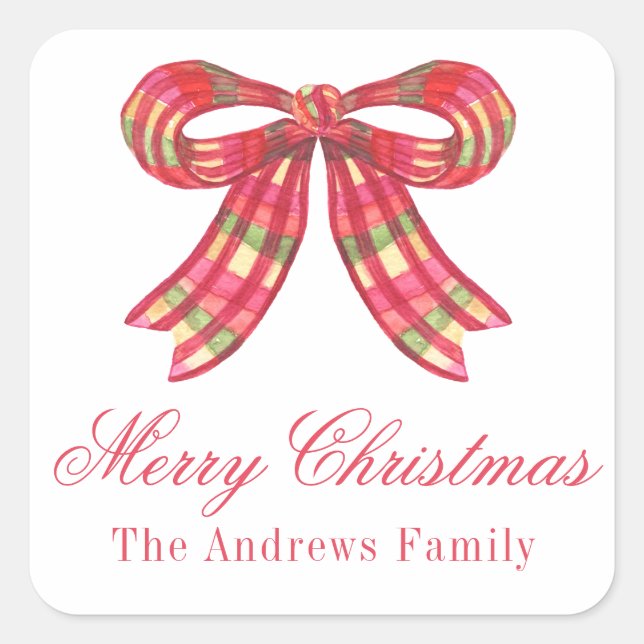 Watercolor Christmas Plaid Bow Square Sticker (Front)