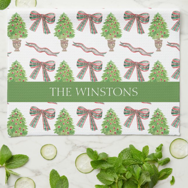 Watercolor Christmas Plaid Bow & Topiary Tea Towel (Folded)