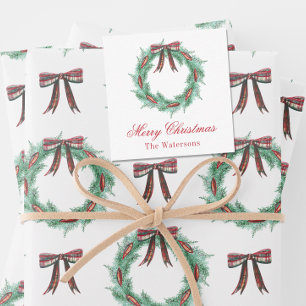 Watercolor Christmas Plaid Bow Wreath Enclosure Card