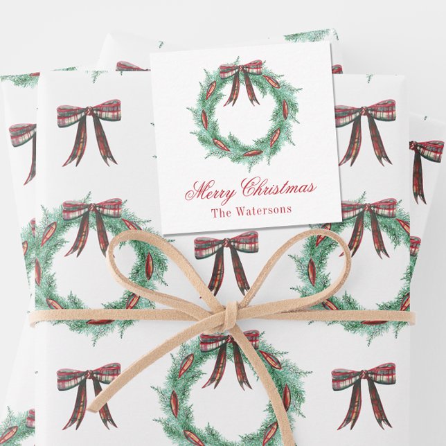 Watercolor Christmas Plaid Bow Wreath Enclosure Card (Creator Uploaded)