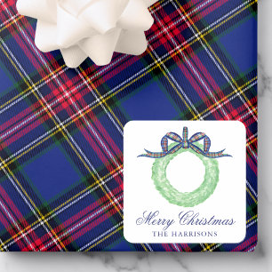 Watercolor Christmas Plaid Bow Wreath Enclosure Square Sticker
