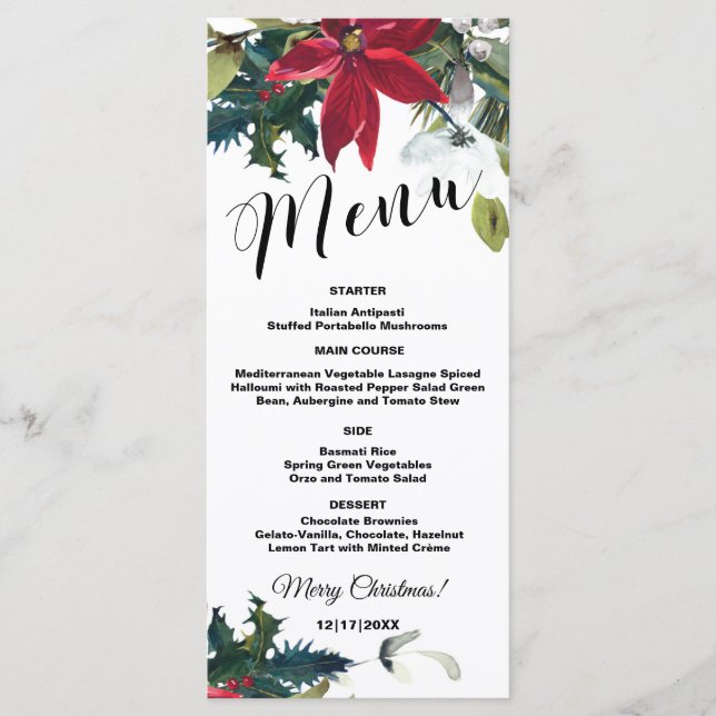 Watercolor Christmas Poinsettia 4x9 Menu Card (Front)