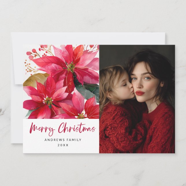 Watercolor Christmas Poinsettia Design Announcement (Front)