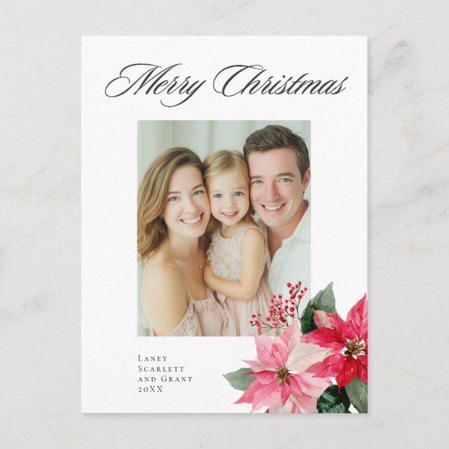 Watercolor Christmas Poinsettia Design Holiday Postcard (Front)