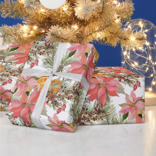 Watercolor Christmas Poinsettia Flowers & Orange Wrapping Paper