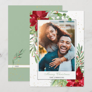 Watercolor Christmas Poinsettia + Greenery Holiday Card