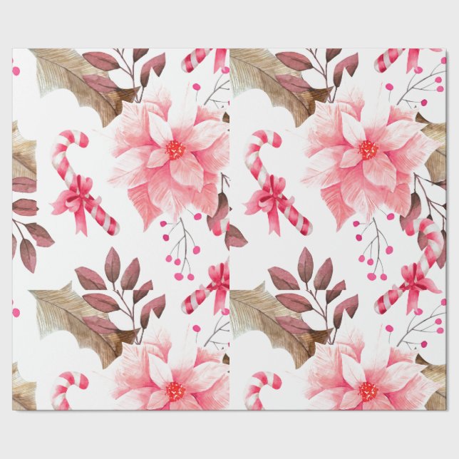 Watercolor Christmas Pointsettia Flowers Floral  Wrapping Paper (Seam)