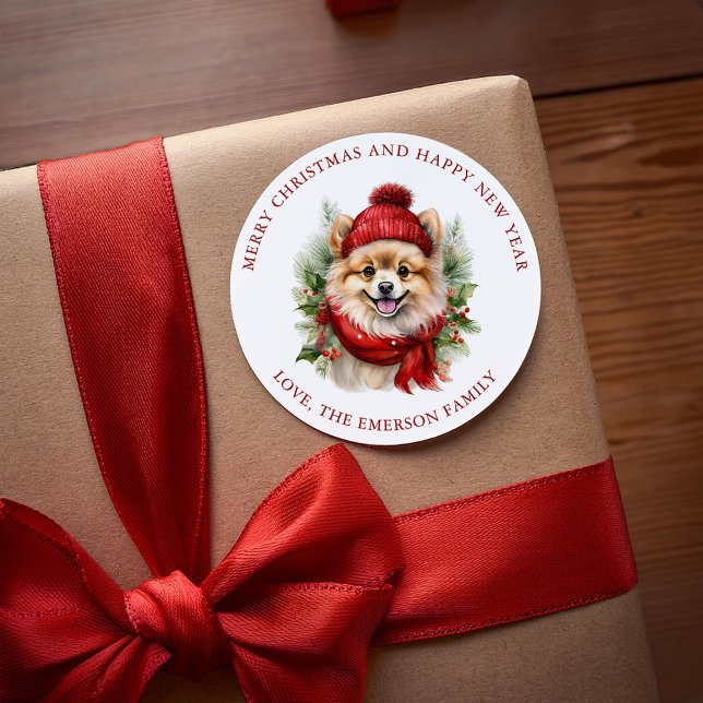 Watercolor Christmas Pomeranian Dog  Classic Round Sticker (Creator Uploaded)