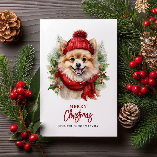 Watercolor Christmas Pomeranian Dog Holiday Card (Creator Uploaded)