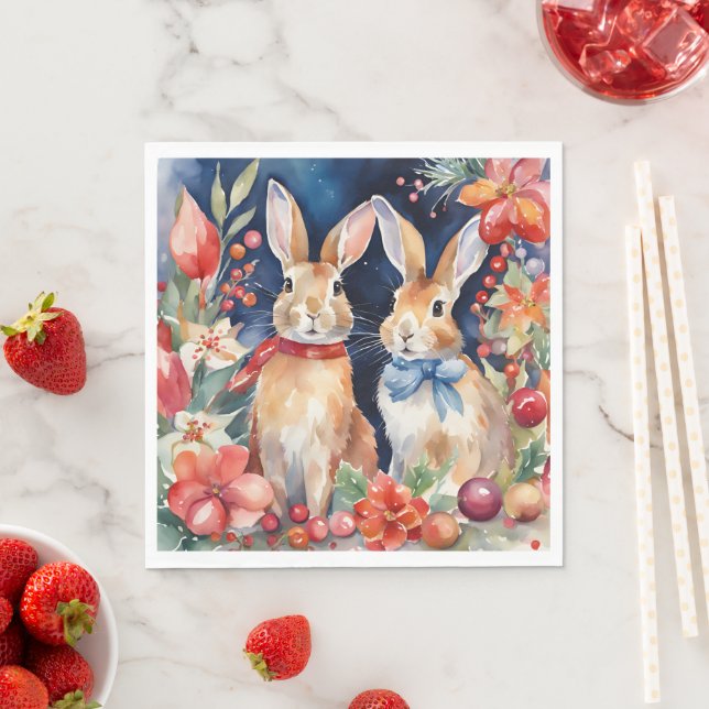 Watercolor Christmas Rabbits Red Gold Floral  Napkin (Insitu)