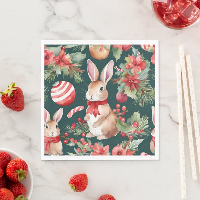 Watercolor Christmas Rabbits Red Gold Floral  Napkin (Insitu)