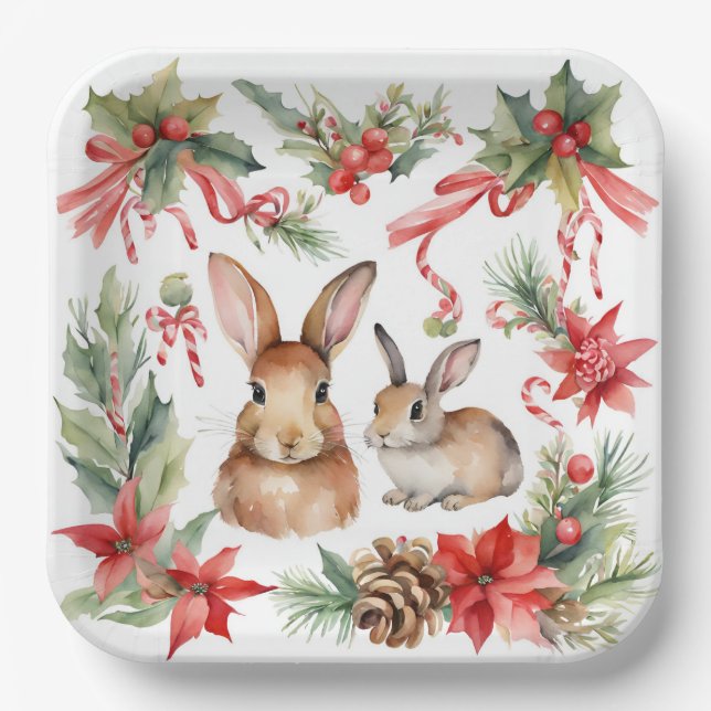 Watercolor Christmas Rabbits Red Gold Floral  Paper Plate (Front)