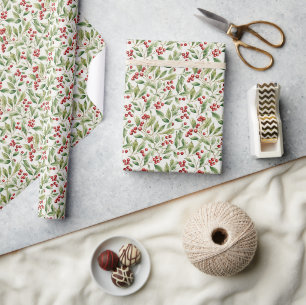 Watercolor Christmas red berries classic greenery Wrapping Paper