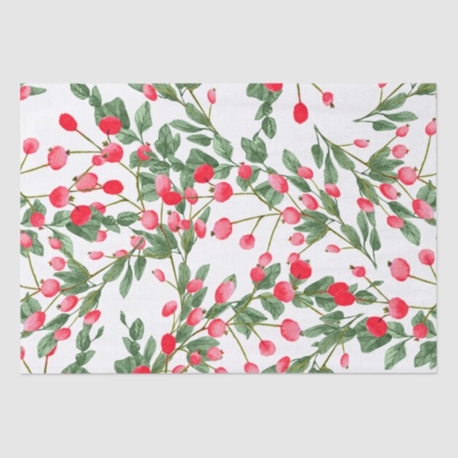 Watercolor Christmas Red Berries Holiday Tissue Paper (Front)