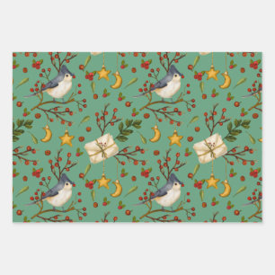 Watercolor Christmas Red Berries, Ornaments, Bird Wrapping Paper Sheet