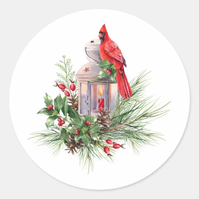 Watercolor Christmas Red Cardinal and Berries  Classic Round Sticker (Front)