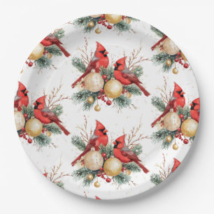 Watercolor Christmas Red Cardinal Berries Pattern Paper Plate
