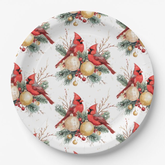 Watercolor Christmas Red Cardinal Berries Pattern Paper Plate (Front)