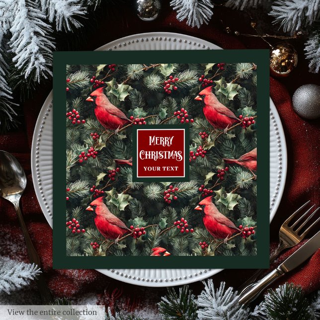 Watercolor Christmas red cardinal deep green Napkin (Watercolor Christmas red cardinal deep green Paper Dinner Napkins)