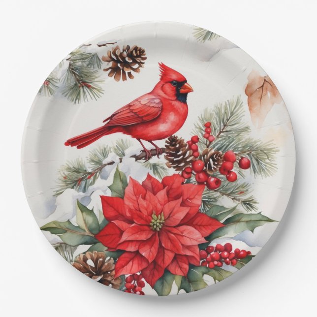 Watercolor Christmas Red Cardinal, Poinsettia Paper Plate (Front)