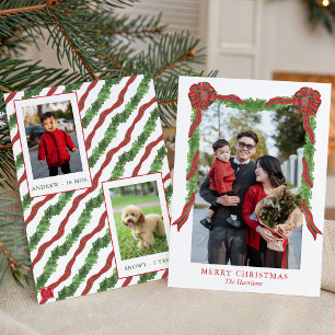 Watercolor Christmas Red & Green Bows Garland Swag Holiday Card