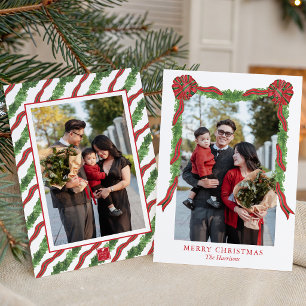 Watercolor Christmas Red & Green Bows Garland Swag Holiday Card