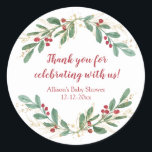 Watercolor Christmas red hollies gold green shower Classic Round Sticker<br><div class="desc">For more advanced customisation of this design,  simply select the "Customise It" button above!</div>