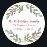 Watercolor Christmas red hollies return address Classic Round Sticker<br><div class="desc">For more advanced customisation of this design,  simply select the "Customise It" button above!</div>
