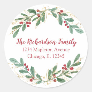 Watercolor Christmas red hollies return address Classic Round Sticker