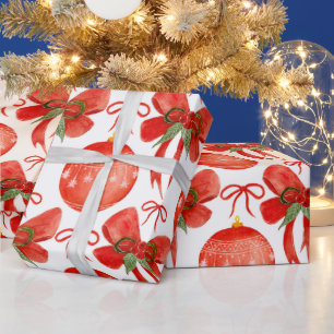 Watercolor Christmas Red Ornaments and Decorations Wrapping Paper