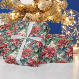 Watercolor Christmas Red Poinsettia Flowers Wrapping Paper