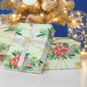Watercolor Christmas Red Poinsettia, Ornaments Wrapping Paper