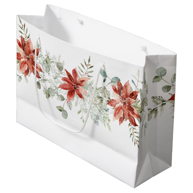 Watercolor Christmas Red Poinsettias Greenery Large Gift Bag (Front Angled)