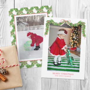 Watercolor Christmas Red Striped Bow Garland Photo Holiday Card
