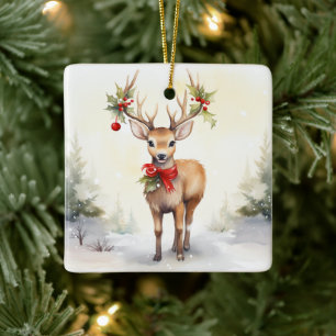 Watercolor Christmas Reindeer Ceramic Ornament