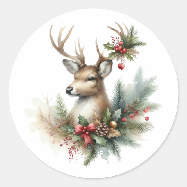 Watercolor Christmas Reindeer Classic Round Sticker (Front)