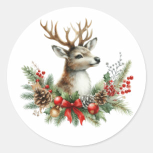 Watercolor Christmas Reindeer Classic Round Sticker