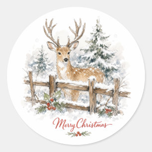 Watercolor Christmas Reindeer in Snow Classic Round Sticker