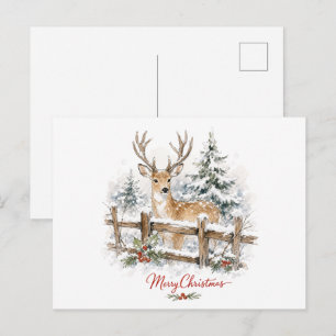 Watercolor Christmas Reindeer in Snow Postcard