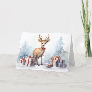 Watercolor Christmas Reindeer With Gifts Holiday Card