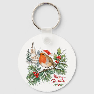 Watercolor Christmas Robin with Holly and Snow  Key Ring
