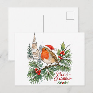 Watercolor Christmas Robin with Holly and Snow Postcard