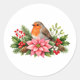 Watercolor Christmas Robin with Poinsettia Classic Round Sticker