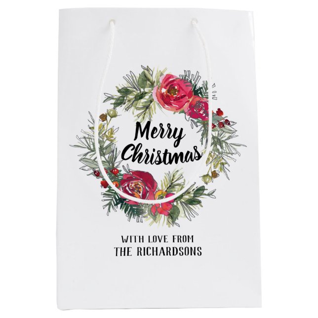 Watercolor Christmas roses wreath gift bag white (Front)