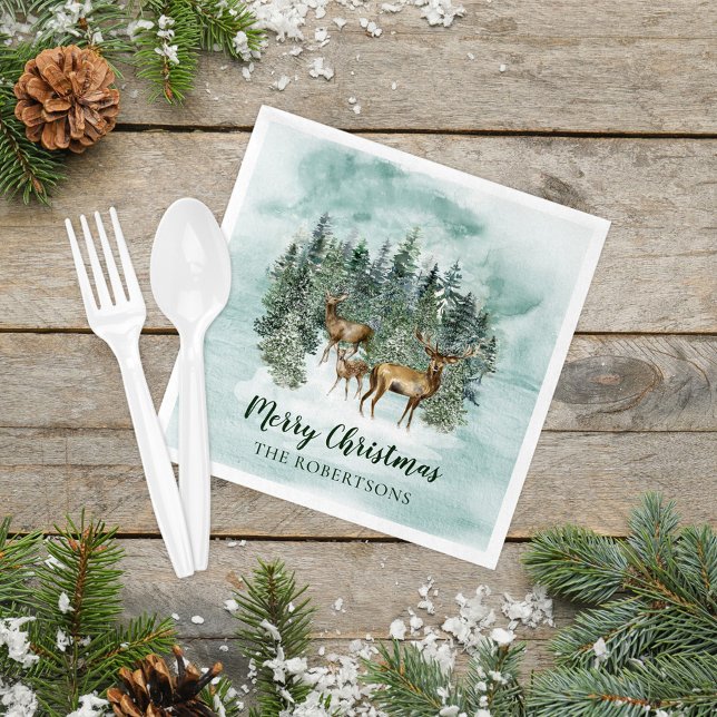 Watercolor Christmas Rustic Forest Woodland Deer Napkin (Creator Uploaded)
