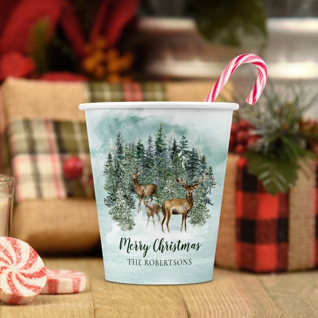 Watercolor Christmas Rustic Forest Woodland Deer Paper Cups (Creator Uploaded)